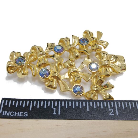 Avon Christmas Tree Brooch, Blue AB Rhinestones, Gold Tone 1960s Vintage Jewelry - Picture 5 of 10